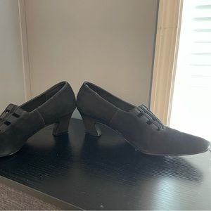 Misha Bergman Black Suede Shoes w\ Criss Cross Design. Heel is 2 inches. Size 9M